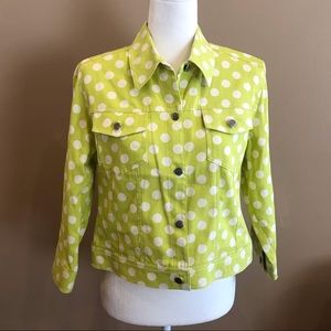 3 Sisters Lime Green and White Polka Dot Lightweight Jean Style Jacket, Size M